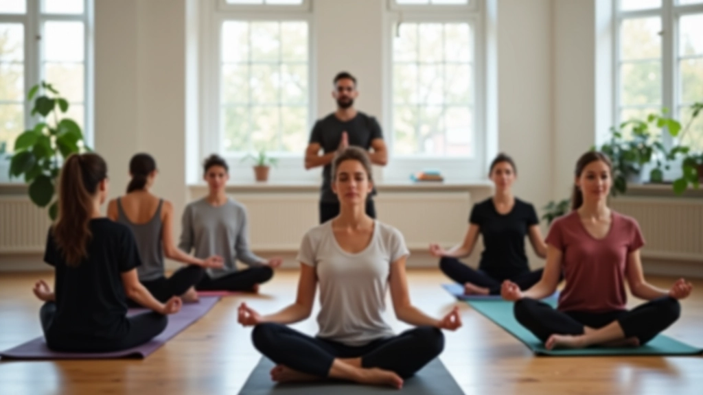 Skupinová meditace v moderním studiu s osmi lidmi, všichni v meditační pozici, lektor stojí vpředu