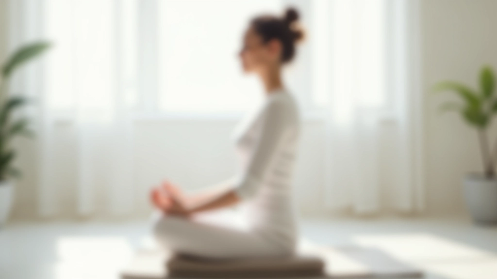 Žena v meditační pozici Sukhasana na meditačním polštáři, boční pohled, ukazující správné zarovnání páteře