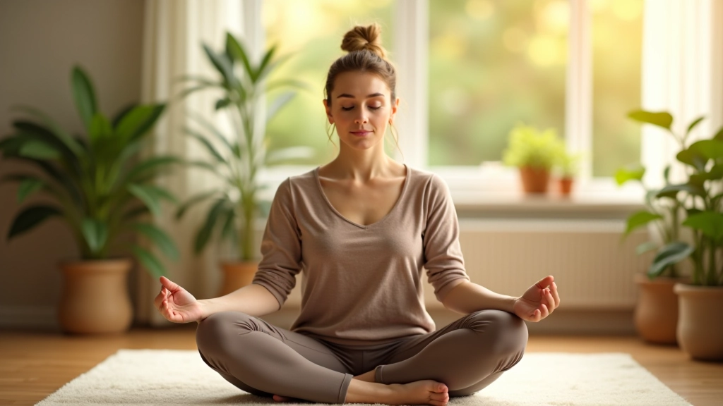 Žena sedící doma v meditační pozici, pokojný domácí interiér s rostlinami a měkkým osvětlením