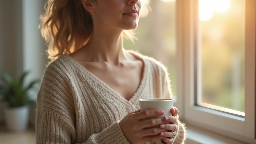 Žena si užívá ranní meditaci u okna se šálkem čaje v domácím prostředí